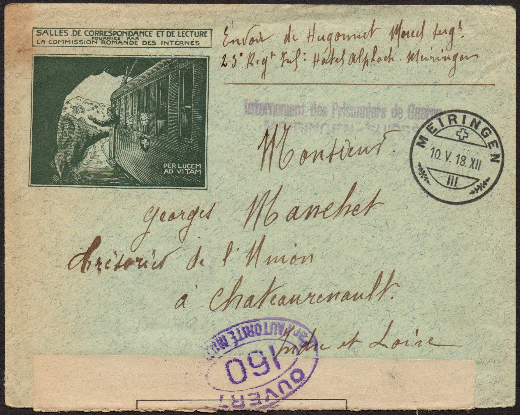 Schweiz Suisse Switzerland Kriegsgefangene  Mail YMCA UCJG envelope Electric Train corner card